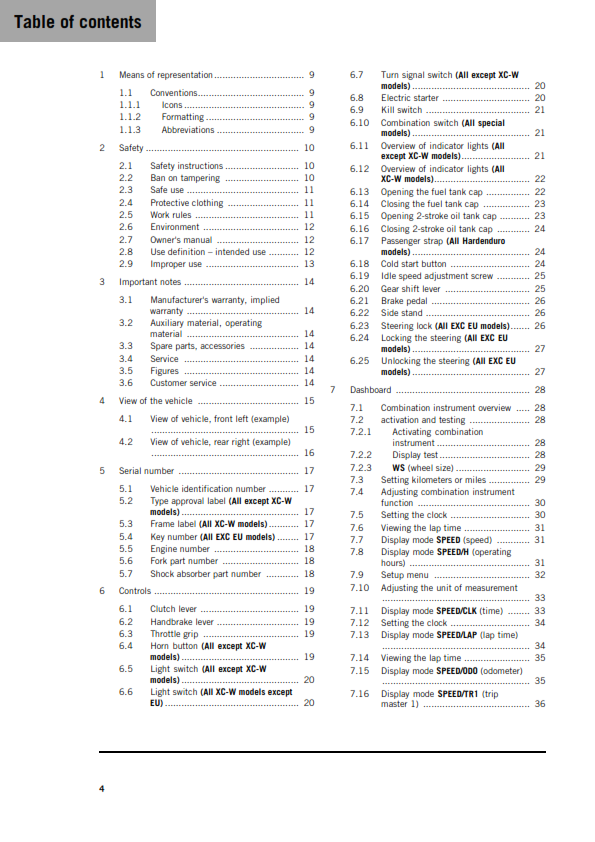 KTM 2026 - 250 XC-W 300 EXC SIX DAYS XC-W HARDENDURO - OWNERS MANUAL USER GUIDE