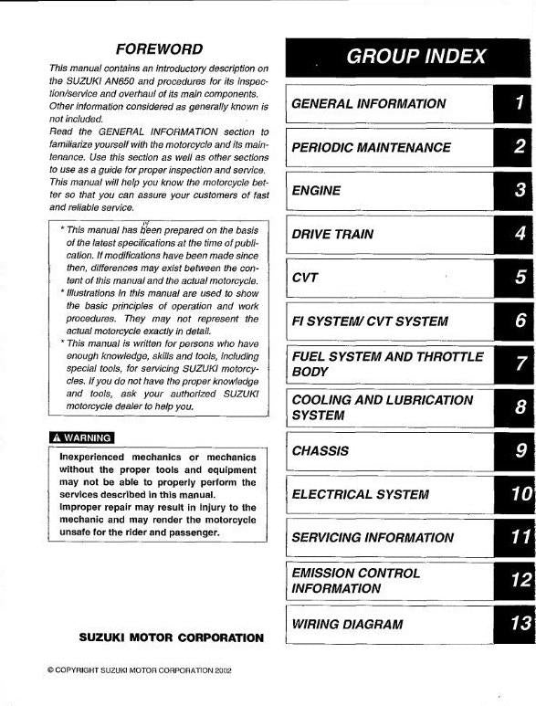 SUZUKI AN650 K3 2003 WORKSHOP SERVICE MANUAL REPRINTED COMB BOUND
