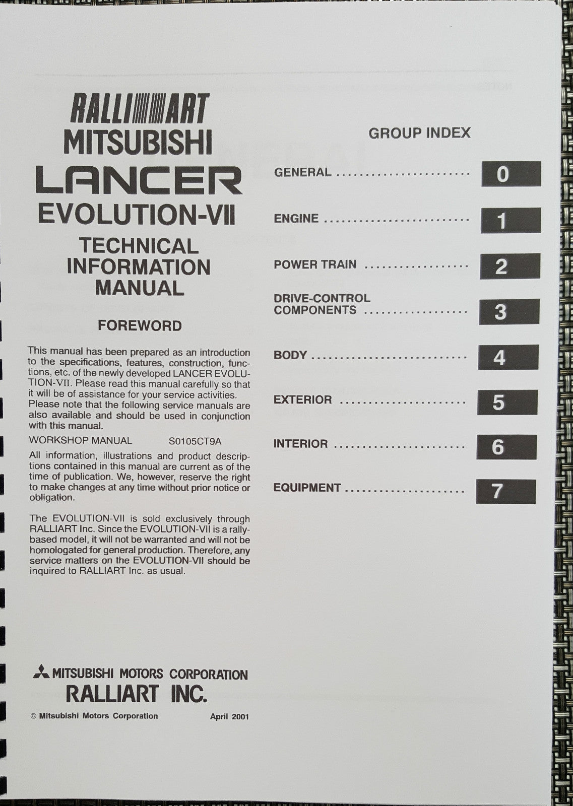 MITSUBISHI LANCER EVO VII TECHNICAL INFORMATION MANUAL REPRINTED COMB BOUND