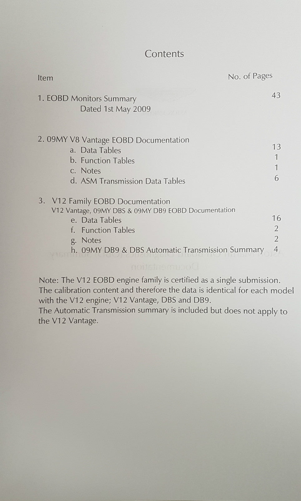ASTON MARTIN DB9 2009 ON BOARD DIAGNOSTICS (OBD) SUMMARY DOCUMENTATION