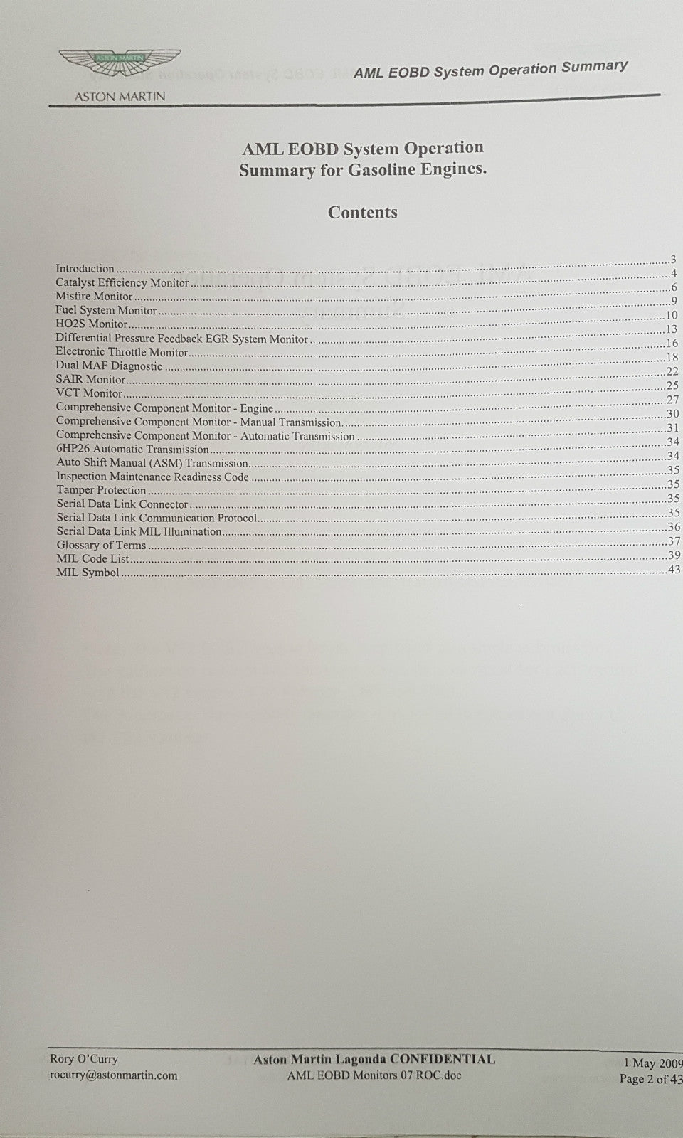 ASTON MARTIN DB9 2009 ON BOARD DIAGNOSTICS (OBD) SUMMARY DOCUMENTATION
