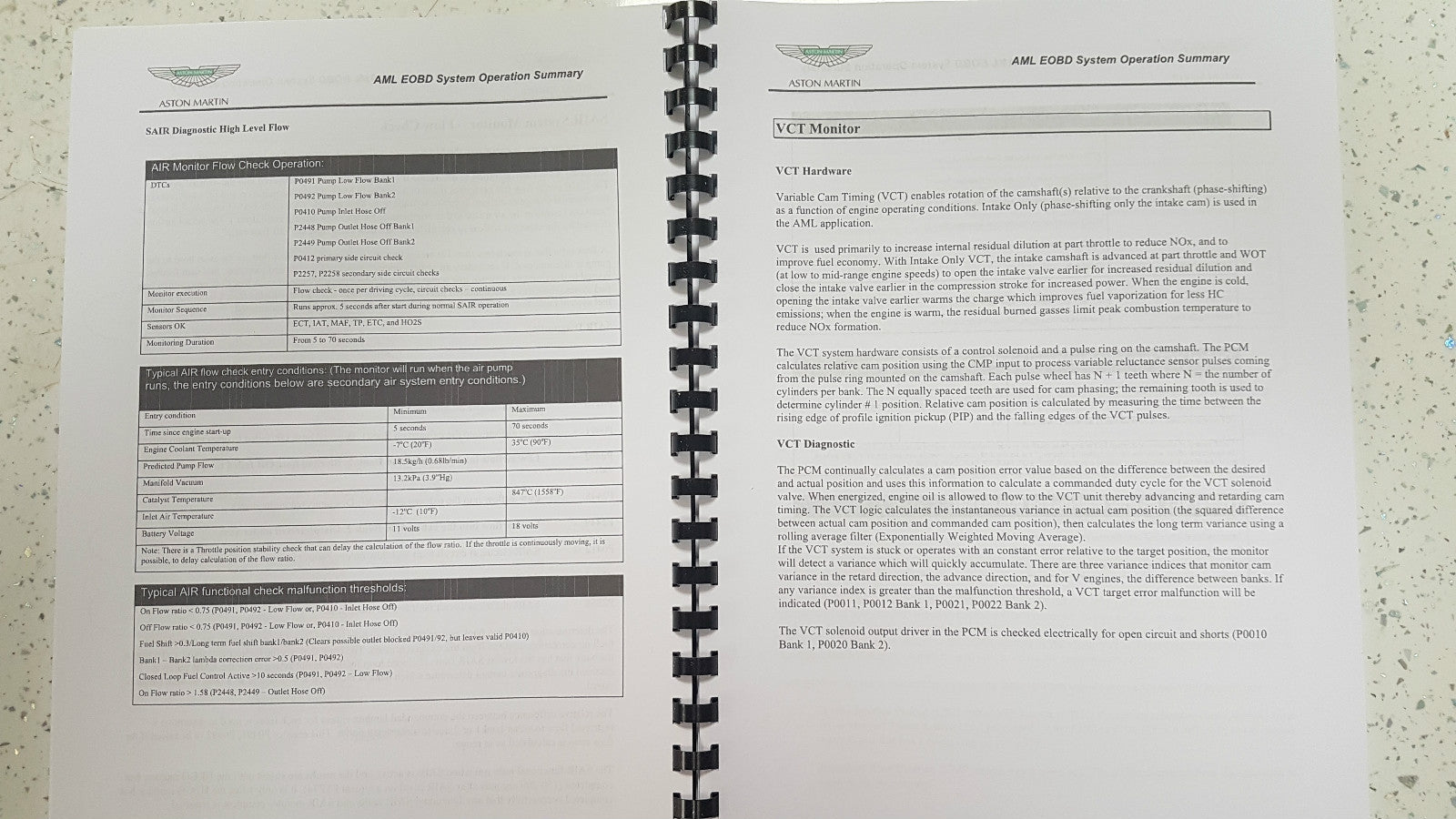 ASTON MARTIN DB9 2009 ON BOARD DIAGNOSTICS (OBD) SUMMARY DOCUMENTATION