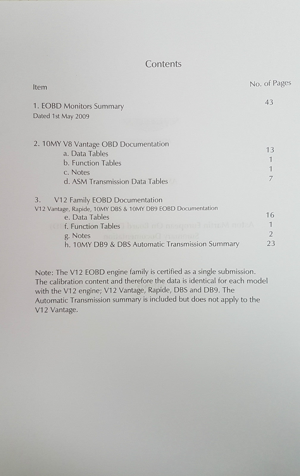 ASTON MARTIN DB9 2010 EOBD SUMMARY DOCUMENTATION & OBD SYSTEM OPERATION