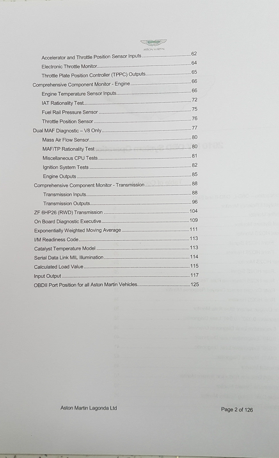 ASTON MARTIN DB9 2010 EOBD SUMMARY DOCUMENTATION & OBD SYSTEM OPERATION