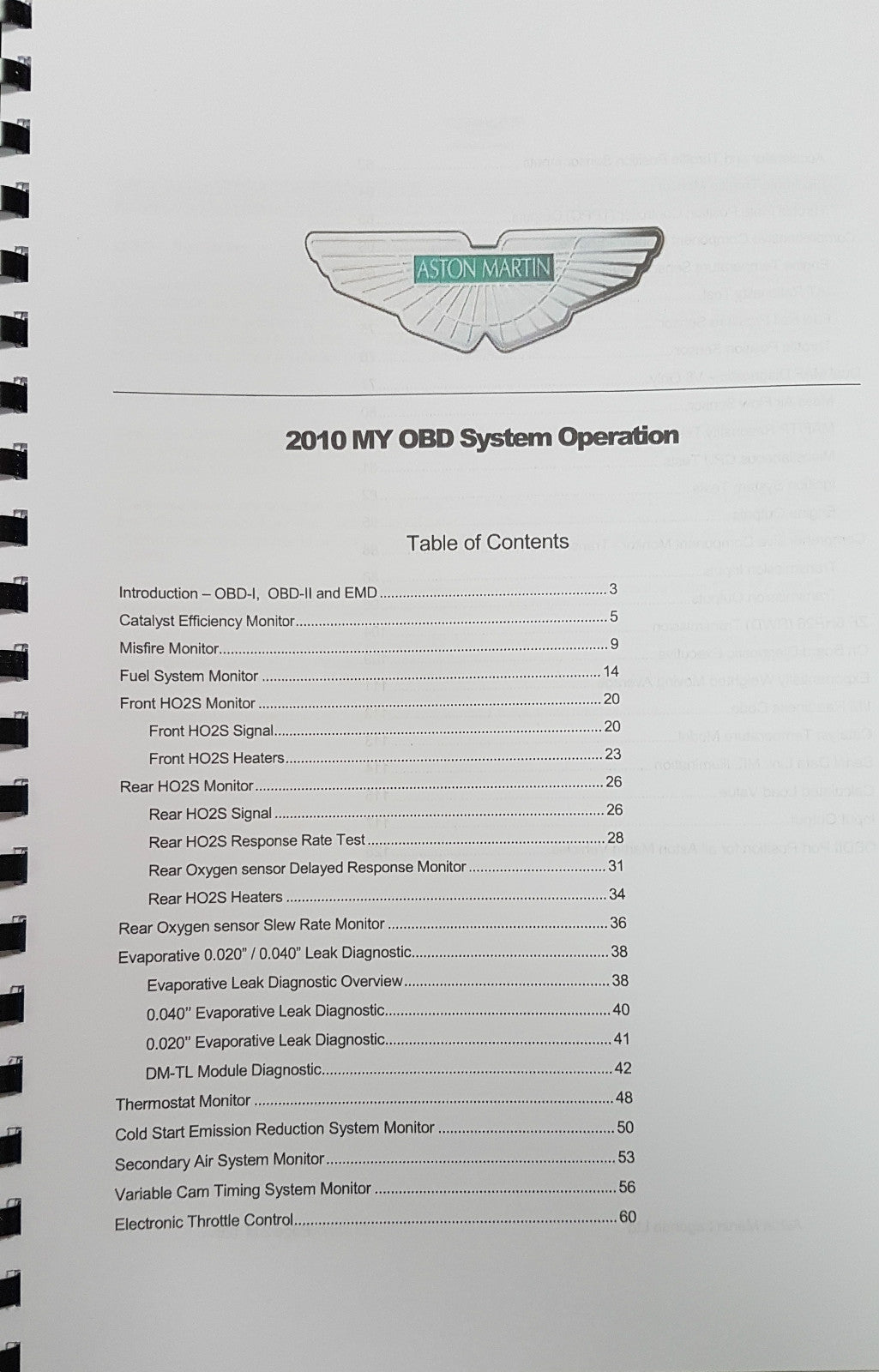 ASTON MARTIN DB9 2010 EOBD SUMMARY DOCUMENTATION & OBD SYSTEM OPERATION