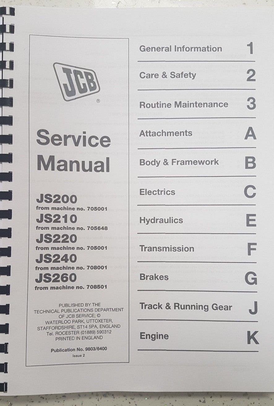 JCB JS200 JS210 JS220 JS240 JS260 SERVICE MANUAL REPRINTED COMB BOUND