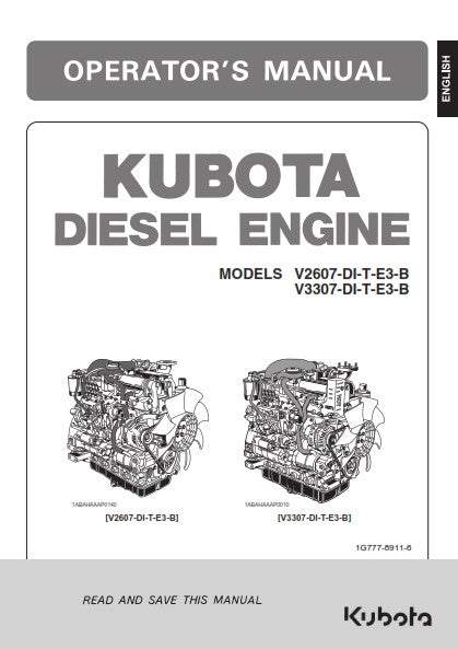KUBOTA V2607 V3307 DI-T-E3-B ENGINE OPERATORS MANUAL REPRINT COMB BOUND