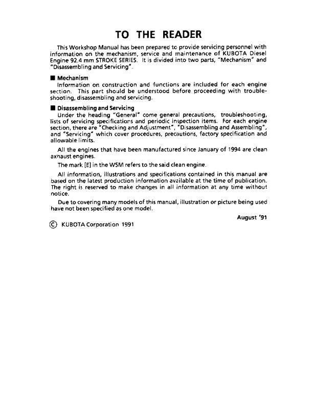 KUBOTA 03 SERIES 92.4MM STROKE SERIES DIESEL ENGINE WORKSHOP MANUAL REPRINTED