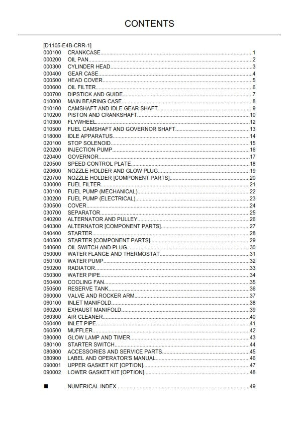 KUBOTA D1105-E4B-CRR-1 DIESEL ENGINE PARTS MANUAL REPRINTED COMB BOUND