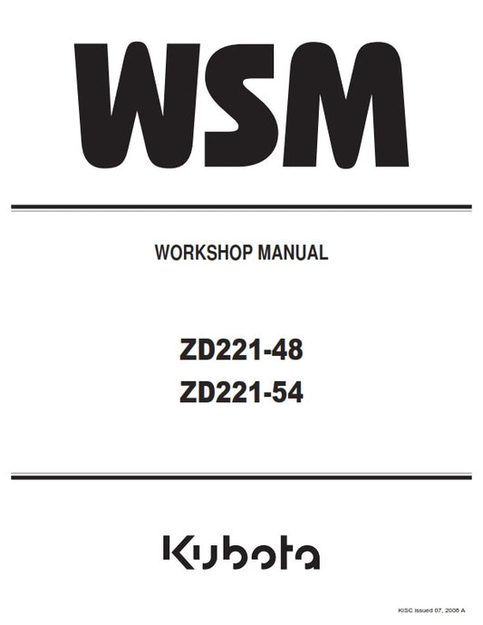 KUBOTA ZD221-48 ZD221-54 WORKSHOP MANUAL REPRINTED COMB BOUND