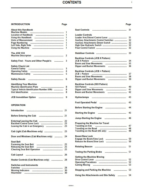 JCB 1CX OPERATOR MANUAL 9801/4230 SERIAL 751600 TO 752999 & FROM 806000 REPRINT