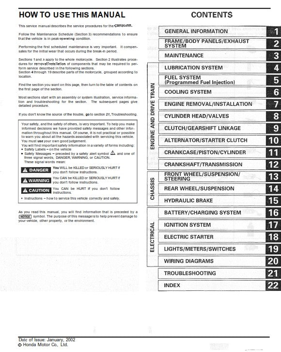 HONDA CBR945RR SHOP SERVICE WORKSHOP MANUAL 2002 REPRINTED COMB BOUND
