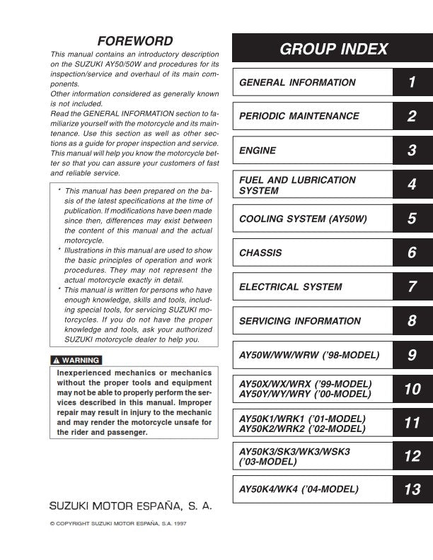 SUZUKI AY50 98-04 WORKSHOP SERVICE MANUAL REPRINTED COMB BOUND