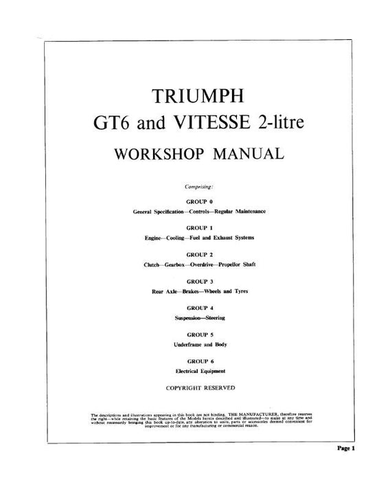 TRIUMPH GT6 MK 1- 3 PLUS & VITESSE 2 LTR / MK 2 SERVICE WORKSHOP MANUAL REPRINT