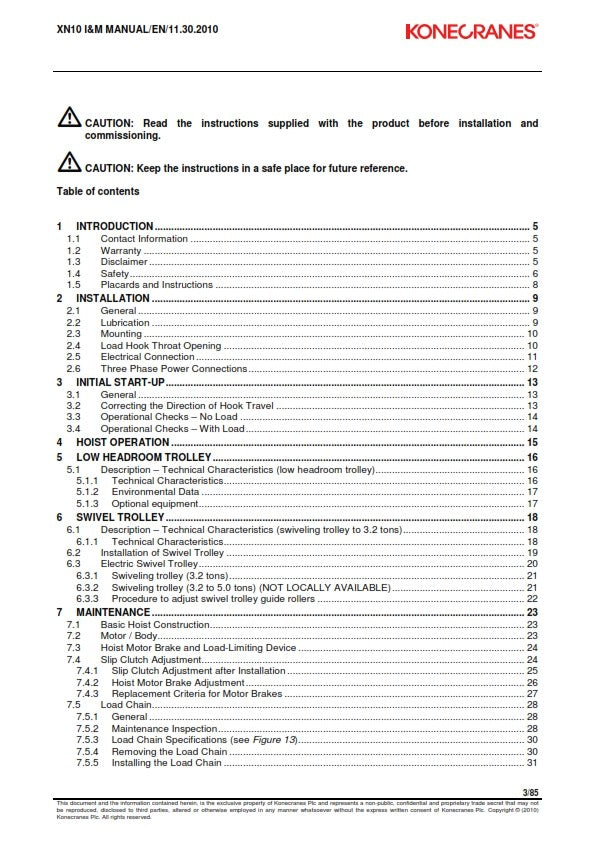 KONECRANES XN10 CHAIN HOIST INSTALL & MAINTENANCE MANUAL REPRINTED COMB BOUND