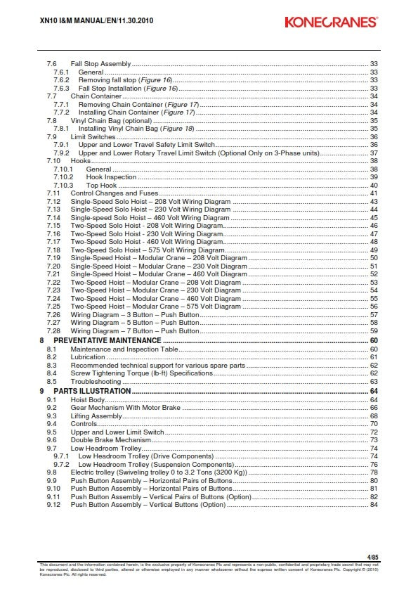 KONECRANES XN10 CHAIN HOIST INSTALL & MAINTENANCE MANUAL REPRINTED COMB BOUND