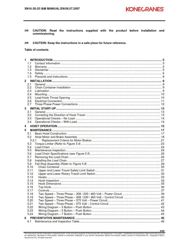 KONECRANES XN16 XN20 XN25 CHAIN HOIST INSTALL & MAINTENANCE MANUAL REPRINTED