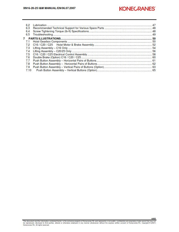 KONECRANES XN16 XN20 XN25 CHAIN HOIST INSTALL & MAINTENANCE MANUAL REPRINTED