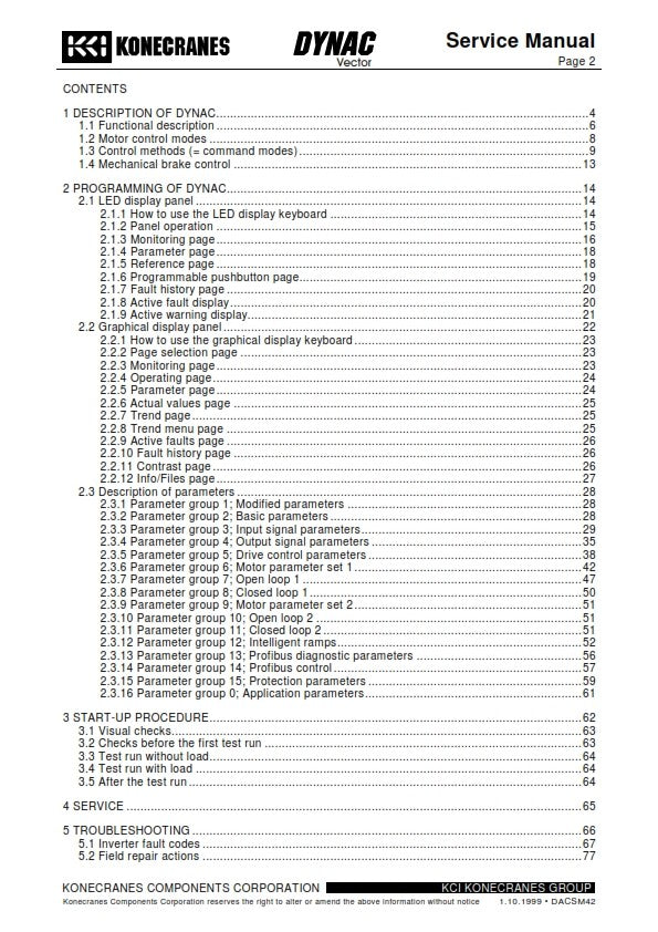 KONECRANES DYNAC VECTOR SERVICE MANUAL REPRINTED 1999