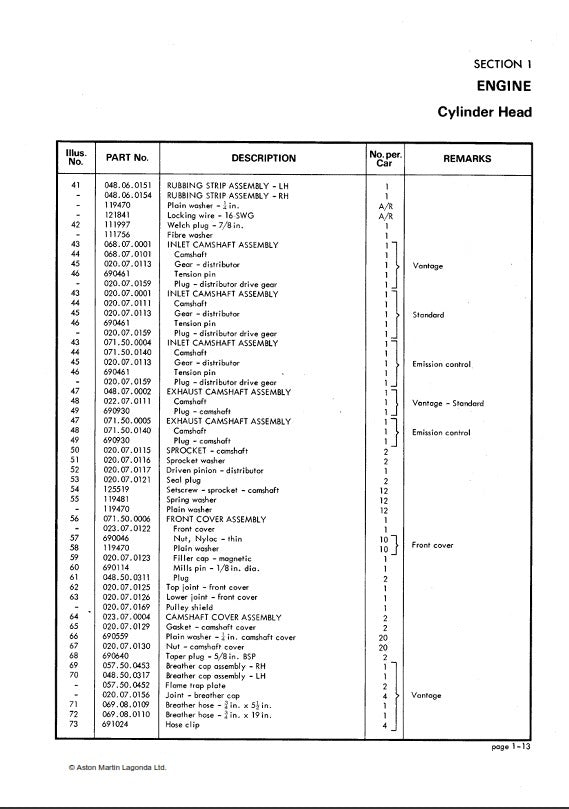 ASTON MARTIN DBS SALOON PARTS MANUAL REPRINTED A4 COMB BOUND - FROM DBS/5000