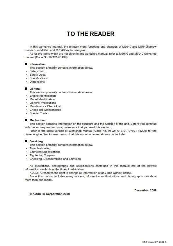 KUBOTA TRACTOR M6040 M7040 NARROW SUPP WORKSHOP SERVICE MANUAL 2012 REPRINTED