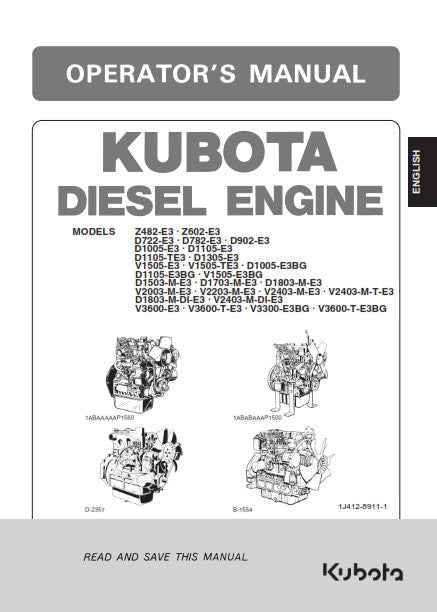 KUBOTA VARIOUS E3 & E3BG DIESEL ENGINES OPERATOR MANUAL REPRINTED AND COMB BOUND