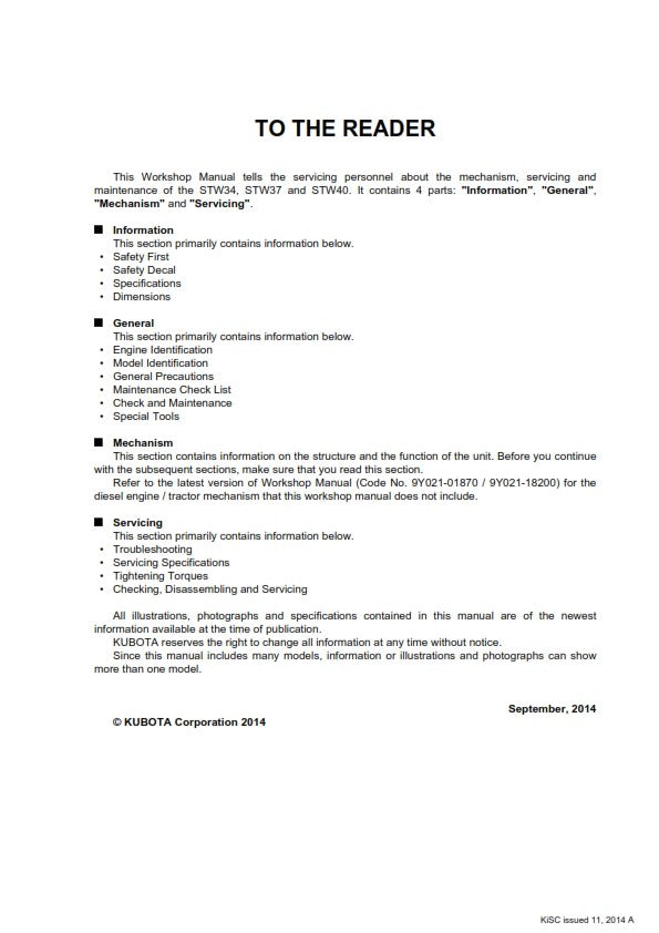 KUBOTA TRACTOR STW34 STW37 STW40 WORKSHOP SERVICE MANUAL REPRINTED 2014