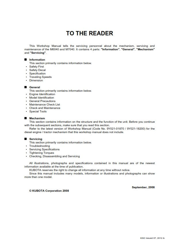 KUBOTA TRACTOR M6040 M7040 WORKSHOP SERVICE MANUAL 2012 REPRINTED COMB BOUND