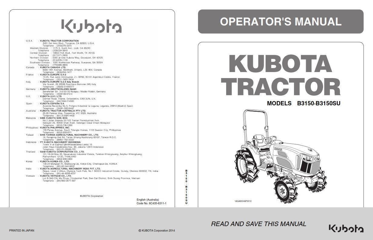 KUBOTA TRACTOR B3150 B3150SU OPERATORS MANUAL REPRINT COMB BOUND