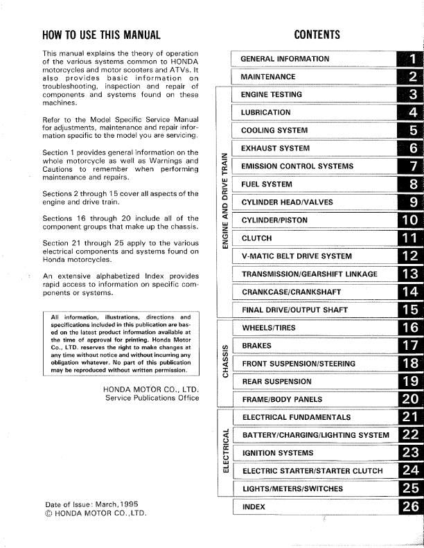 HONDA COMMON SERVICE MANUAL 1995 EDITION REPRINTED COMB BOUND