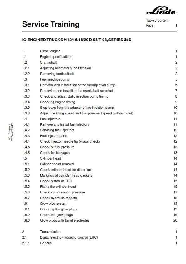 LINDE H 12/16/18/20  D-03-T-03 SERIES 350 SERVICE TRAINING MANUAL REPRINTED