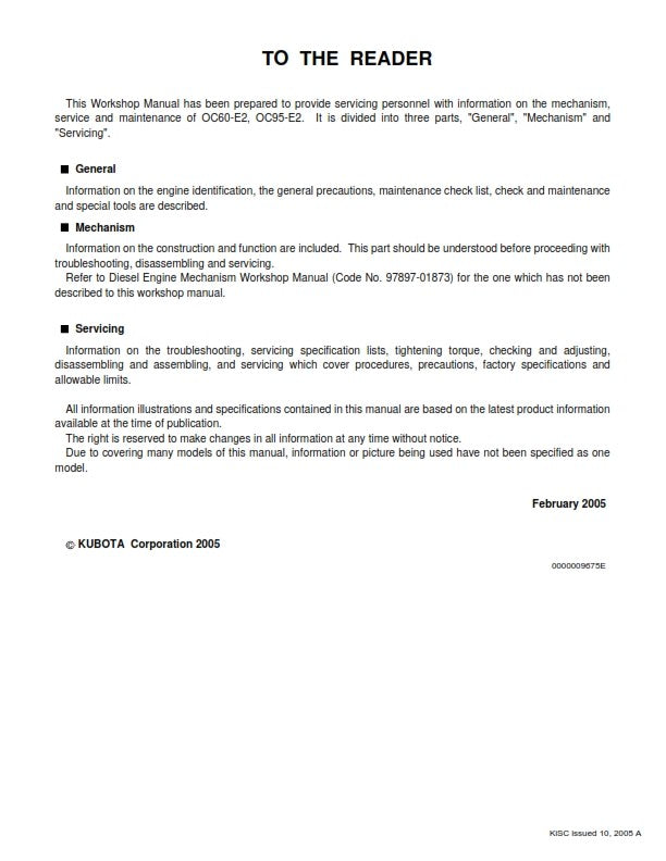 KUBOTA DIESEL ENGINE OC60-E2 OC95-E2 SERVICE WORKSHOP MANUAL REPRINTED 2005