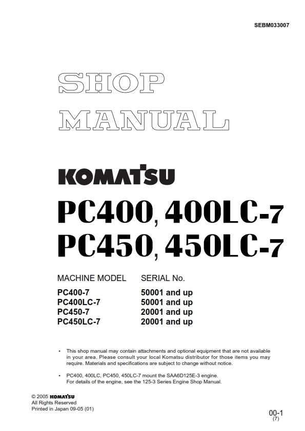 KOMATSU PC400 PC450 & LC-7 WORKSHOP SHOP MANUAL REPRINTED COMB BOUND