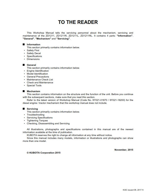 KUBOTA ZD1211 ZD1211R ZD1211L ZD1211RL WORKSHOP SERVICE MANUAL REPRINTED 2017