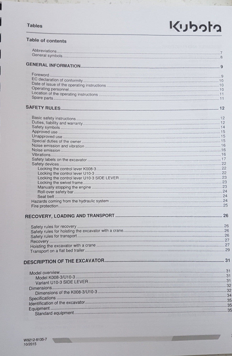 KUBOTA MINI EXCAVATOR K008-3 U10-3 OPERATOR MANUAL REPRINTED OCT 15 COMB BOUND