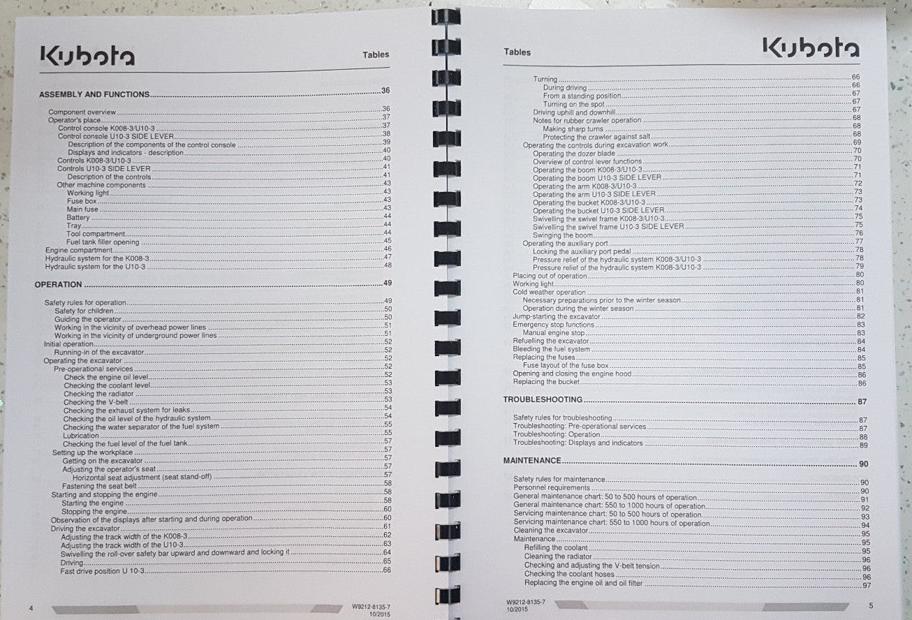 KUBOTA MINI EXCAVATOR K008-3 U10-3 OPERATOR MANUAL REPRINTED OCT 15 COMB BOUND