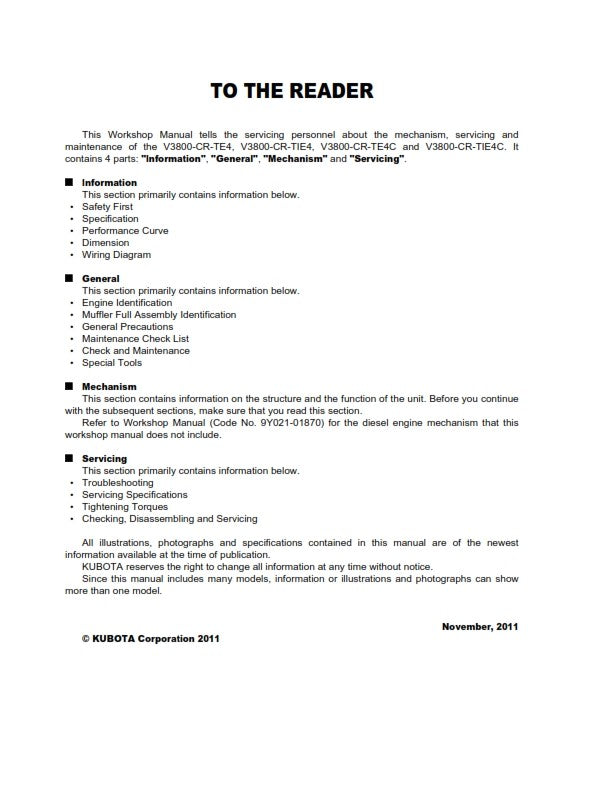 KUBOTA ENGINE V3800-CR-TE4 (C) V3800-CR-TIE4 (C) WORKSHOP SERVICE MANUAL REPRINT