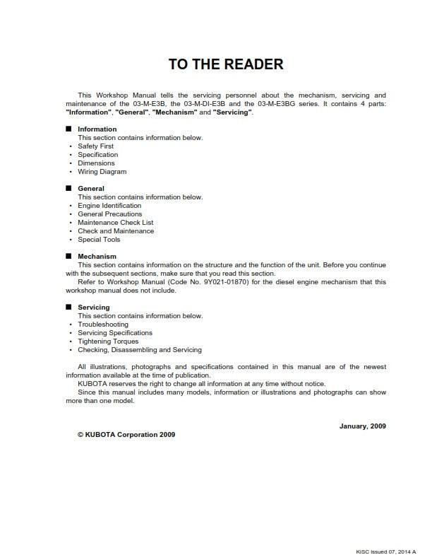 KUBOTA 03-M-E3B 03-M-DI-E3B 03-M-E3BG WORKSHOP MANUAL 2014 REPRINTED COMB BOUND