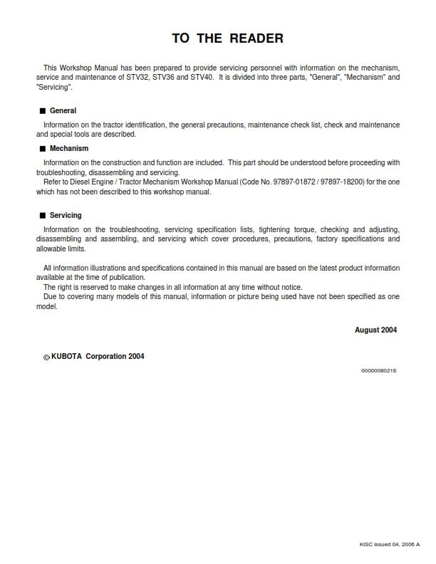 KUBOTA TRACTOR - STV32 STV36 STV40 - REPAIR SERVICE WORKSHOP MANUAL REPRINTED