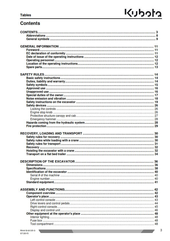 KUBOTA MINI EXCAVATOR U27-4 OPERATORS MANUAL JULY 2015 EDITION REPRINTED