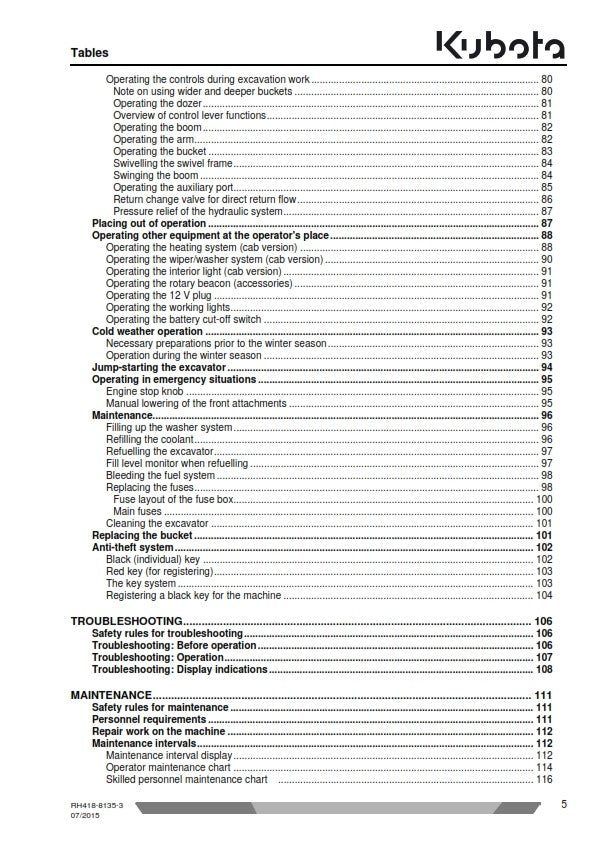 KUBOTA MINI EXCAVATOR U27-4 OPERATORS MANUAL JULY 2015 EDITION REPRINTED