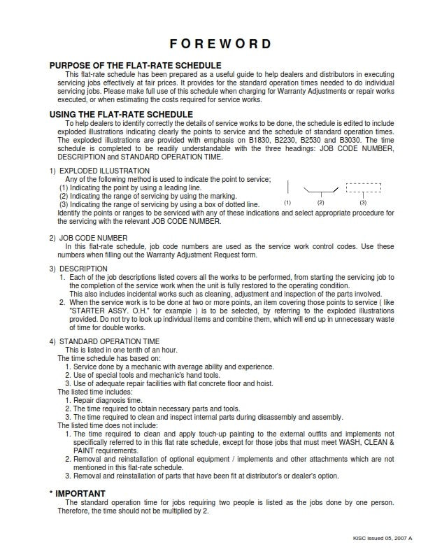 KUBOTA B1830 B2230 B2530 B3030 FRS FLAT RATE SCHEDULE REPRINTED 2007 COMB BOUND