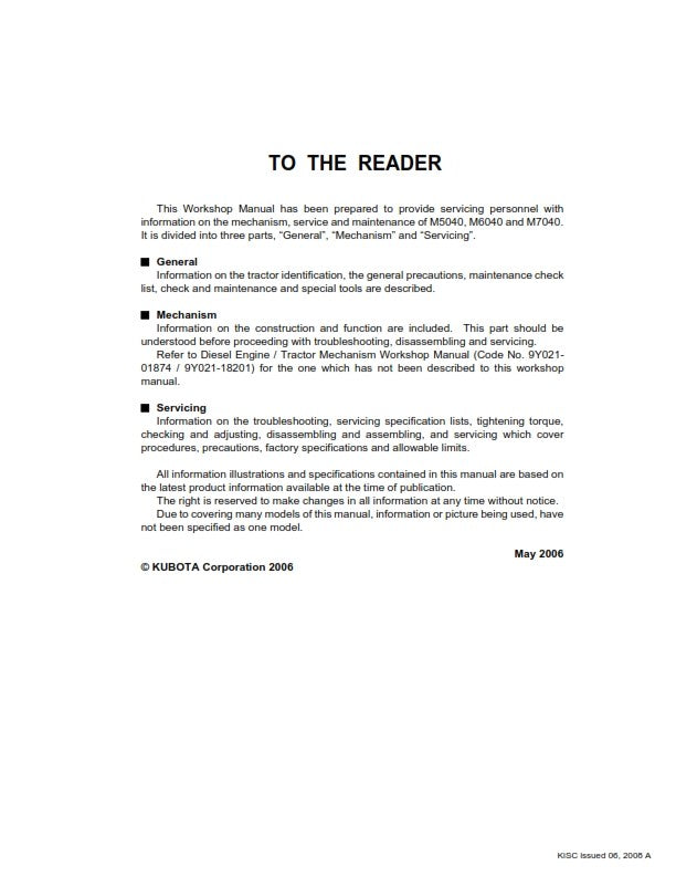 KUBOTA TRACTOR M5040 M6040 M7040 WORKSHOP MANUAL 2008 EDITION REPRINTED