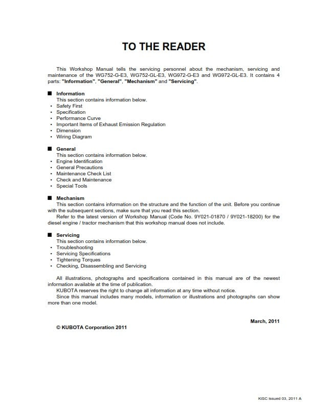KUBOTA GASOLINE LPG ENGINE WG752 WG972 WORKSHOP SERVICE MANUAL 2011 REPRINTED