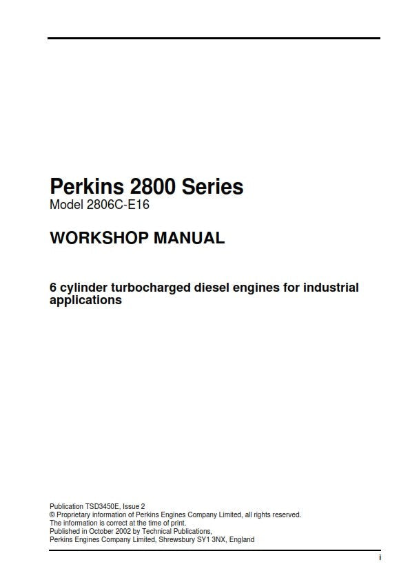 PERKINS 2800 SERIES TURBOCHARGED DIESEL ENGINE WORKSHOP MANUAL REPRINTED 2002