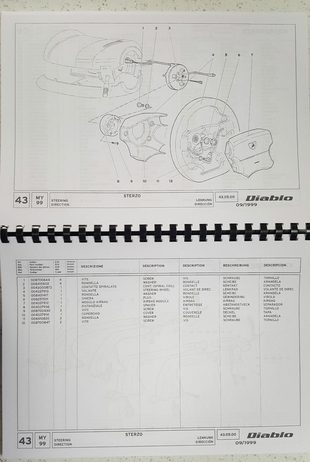 LAMBORGHINI DIABLO VT PARTS MANUAL 1999 ONWARDS REPRINTED