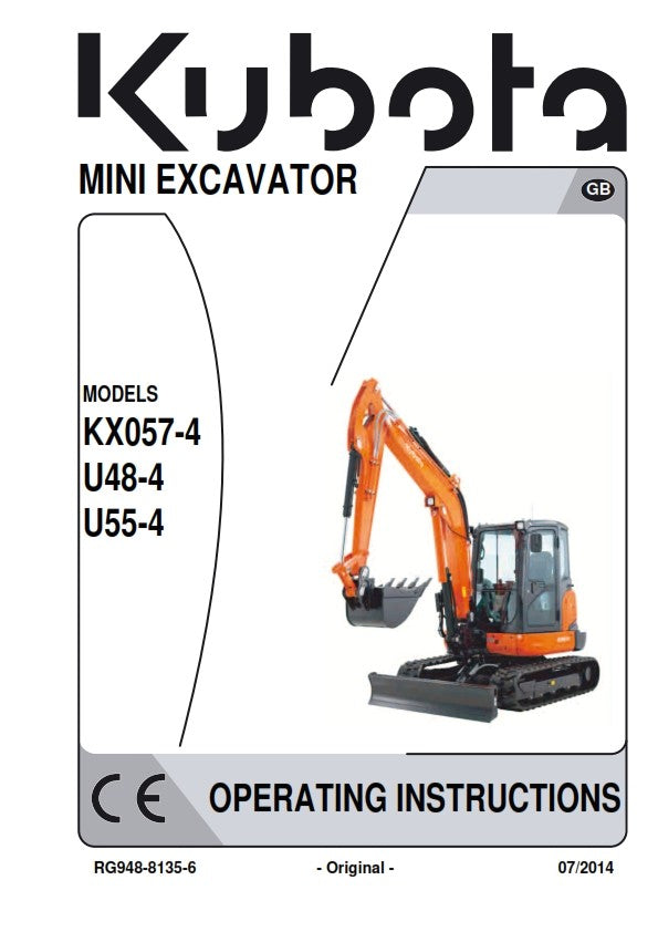 KUBOTA MINI EXCAVATOR KX057-4 U48-4 U55-4 OPERATORS MANUAL JULY 14 ED REPRINTED