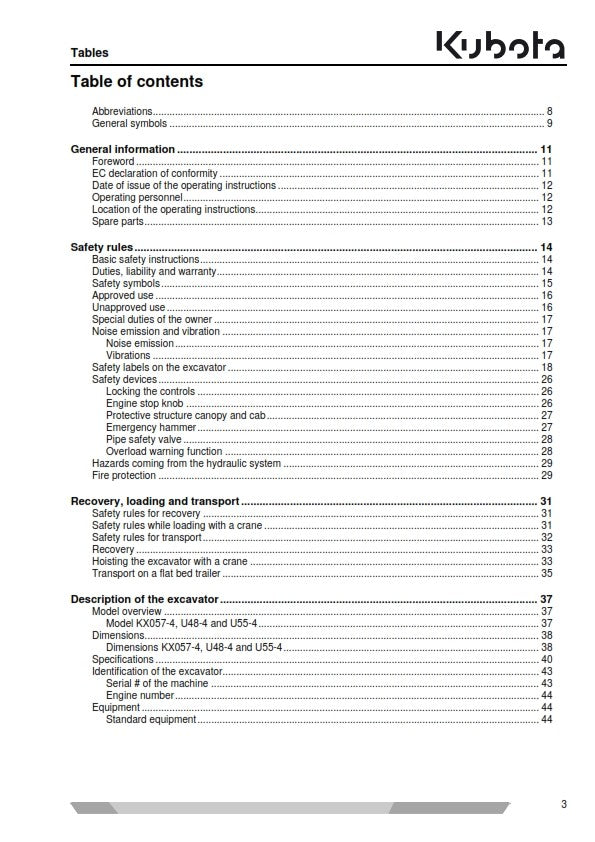 KUBOTA MINI EXCAVATOR KX057-4 U48-4 U55-4 OPERATORS MANUAL JULY 14 ED REPRINTED