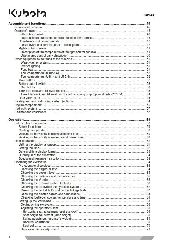 KUBOTA MINI EXCAVATOR KX057-4 U48-4 U55-4 OPERATORS MANUAL JULY 14 ED REPRINTED