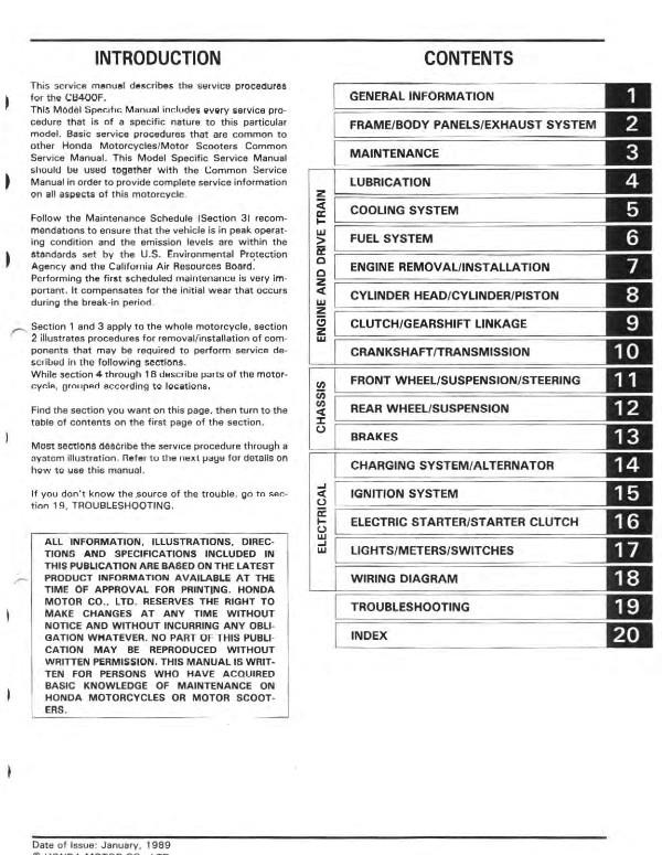 HONDA CB400F CB1 SERVICE WORKSHOP MANUAL 89 EDITION REPRINTED COMB BOUND